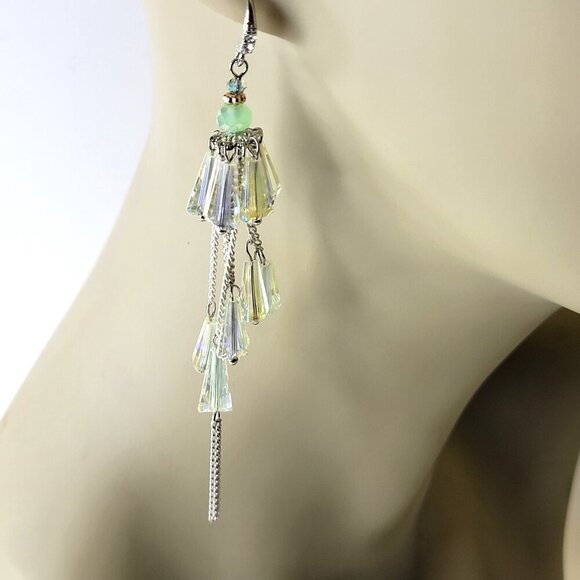 Crystal Glass Prism Earrings Chandelier Earrings Teardrop Cone Faceted Prism - Picture 1 of 5
